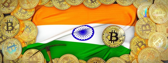 Bitcoins Gold around Indea flag and pickaxe on the left.3D Illustration.