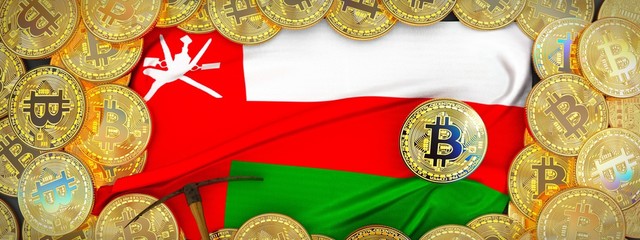 Bitcoins Gold around Oman flag and pickaxe on the left.3D Illustration.