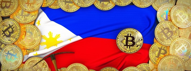 Bitcoins Gold around Philippines flag and pickaxe on the left.3D Illustration.
