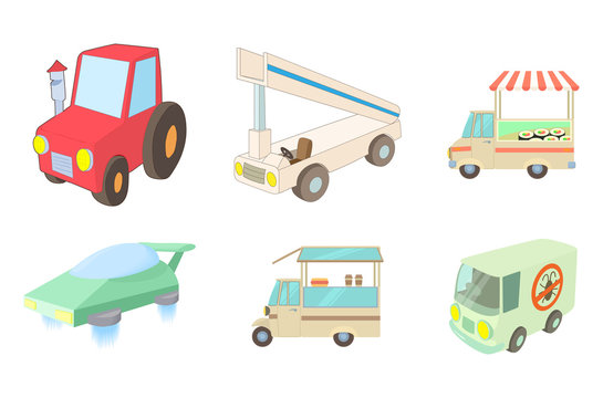 Special vehicle icon set, cartoon style
