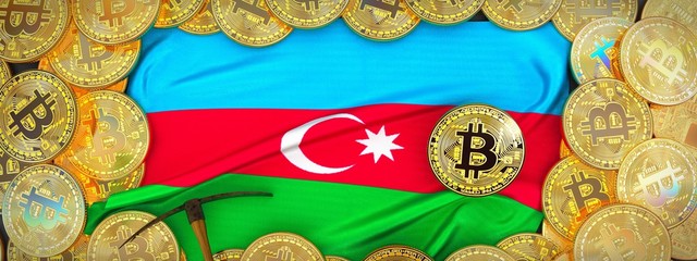 Bitcoins Gold around Azerbaijan flag and pickaxe on the left.3D Illustration.