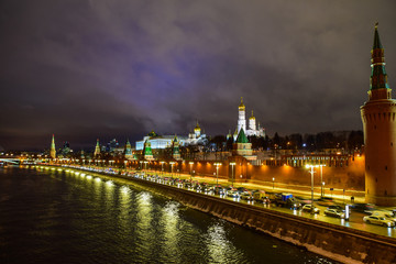 Night view of the Kremlin embankment from the bridge
