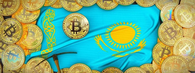Bitcoins Gold around Kazakhstan flag and pickaxe on the left.3D Illustration.