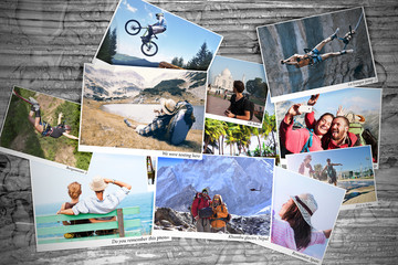 Sport and travel memory photos on a table - obrazy, fototapety, plakaty