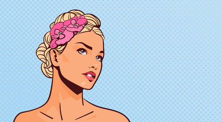 Attractive Blonde Woman Looking Up Portrait Of Beautiful Girl On Pinup Retro Background With Copy Space Vector Illustration