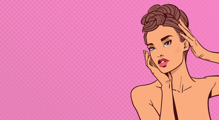 Beautiful Sensual Woman Face Elegant Portrait Of Attractive Female On Pop Art Retro Background Vector Illustration