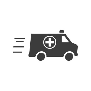 Ambulance truck icon. Flat black vector illustration on white background.