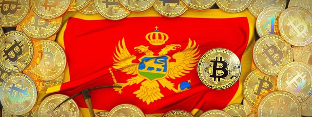 Bitcoins Gold around Montenegro flag and pickaxe on the left.3D Illustration.