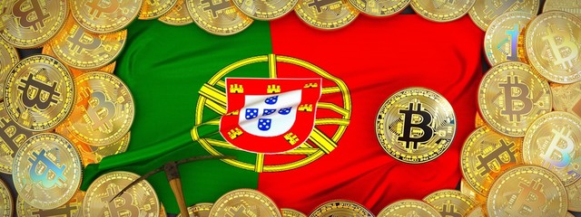 Bitcoins Gold around Portugal flag and pickaxe on the left.3D Illustration.