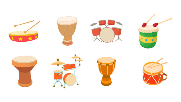 Drums icon set, cartoon style