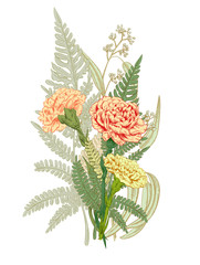 Bouquet carnation schabaud, forest fern, eucalyptus seeded (greenery): pink, yellow flowers, leaves, white background for Mother's Day, hand draw, engraving vintage sketch style, botanical vector