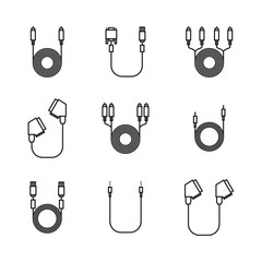 Icons of cord and cable with plugs of thin lines, vector illustration.