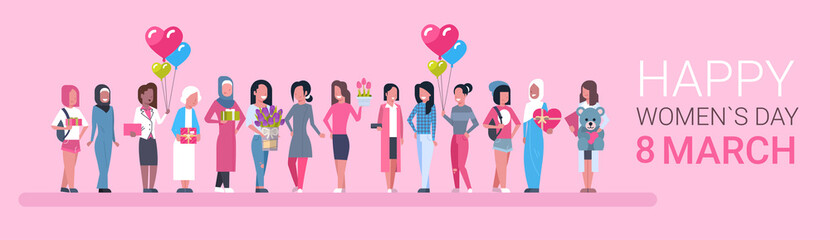 Happy Intenational Womens Day Horizontal Banner Group Of Diverse Girls Over Pink Background Vector Illustration