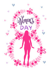 Happy Women Day Card 8 March Poster With Silhouette Pink Girl On Doodle Background Vector Illustration