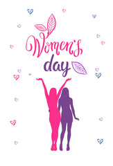 Obraz na płótnie Canvas Women Day Concept 8 March Banner With Silhouette Girls Happy Joyful Doodle Background Vector Illustration