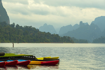 good morning time at Rajjaprabha Dam, formerly known as Chiew Larn. Khao sok national park, suratthani of Thailand