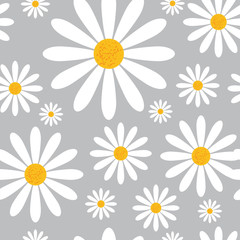Seamless Pattern With Chamomile Flowers On Grey Background Beautiful Floral Ornament Vector Illustration