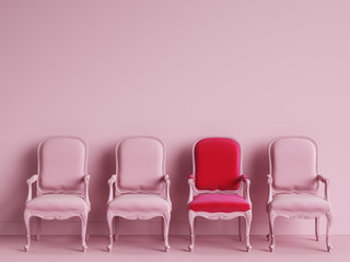 A redchair among pink chairs on pink  backgrond. Concept of minimalism. 3d rendering mock up