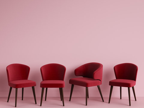 Red chairs are standing in an empty pink room. Concept of minimalism. 3d rendering mock up