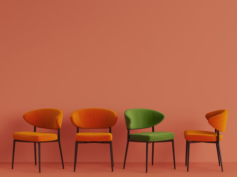 A green chair among orange chairs on orange pastel backgrond. Concept of minimalism. 3d rendering mock up