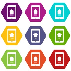 Working phone icon set color hexahedron
