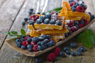 Waffles with raspberry and blueberry
