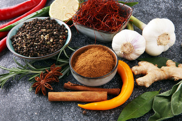 Spices and herbs on grey background. Food and cuisine ingredients.