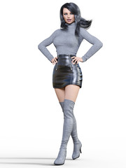 3D beautiful woman in short black leather skirt and long boots.Gray pullover.Bright makeup.Woman studio photography.High heel.Conceptual fashion art.Seductive candid pose.Realistic render illustration