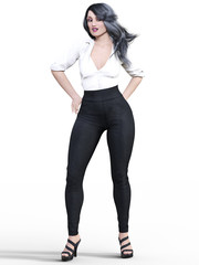 Fototapeta premium 3D beautiful woman in short black leather skirt and long boots.Bright makeup.Woman studio photography.High heel.Conceptual fashion art.Seductive candid pose.Realistic render illustration