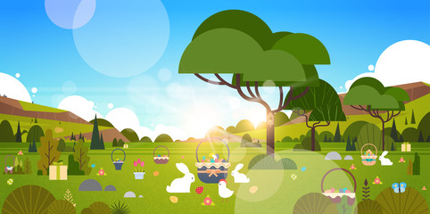 Beautiful Easter Holiday Background With Green Garden And Bunny Rabbit Eggs In Grass Vector Illustration