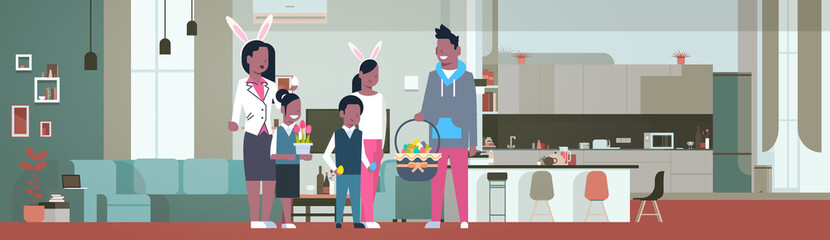 frican American Family Celebrate Happy Easter Holiday Wear Bunny Ears In Living Room At Home Flat Vector Illustration