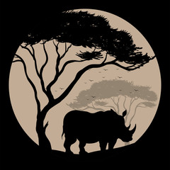 Silhouette background with rhino under the tree