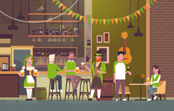 St. Patricks Day Party In Irish Pub Concept Group Of People Wearing Green Hats And Drinking Beer Together Flat Vector Illustration
