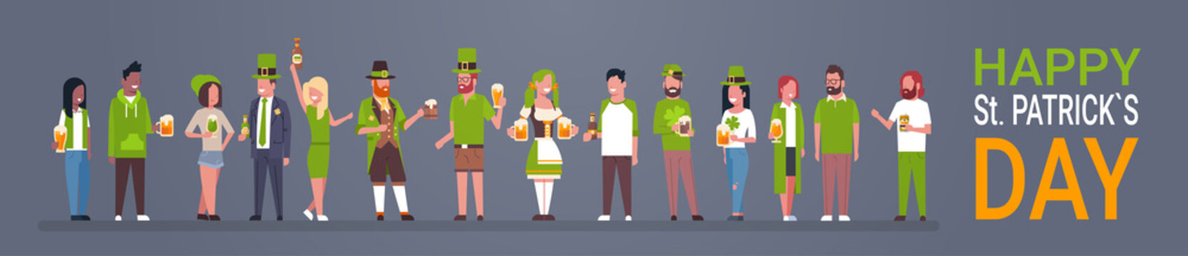 Happy St. Patrick Day Party Poster, Group Of People In Green Clothes Drinking Beer Horizontal Banner Flat Vector Illustration