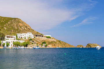 Grikos Bay, a popular vacation spot on the Island of Patmos, Dodecanese, Greece.