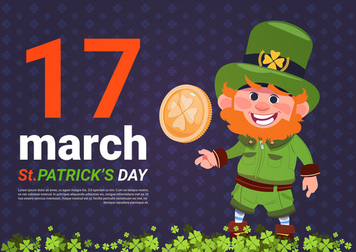 Leprechaun Man Holding Golden Coin St. Patricks Day Card Background Flat Vector Illustration