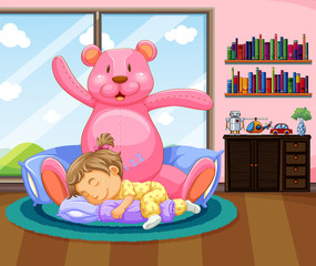 Little girl sleeping with pink teddybear