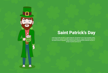 Man In Traditional Irish Costume And Green Hat Holding Glass Of Beer Over Template Saint Patricks Day Background Vector Illustration