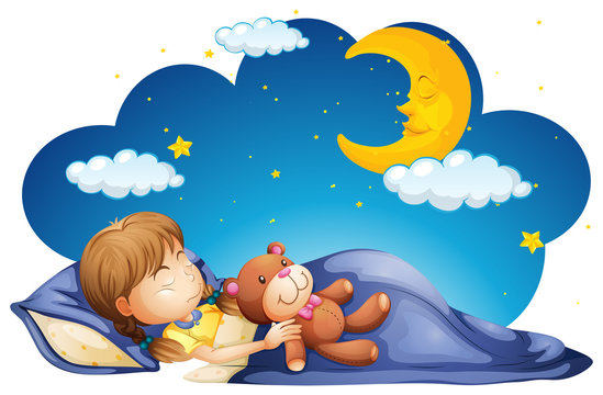 Girl sleeping with teddybear at night