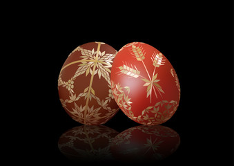 Easter Background with Two Easter Eggs Decorated with Strawy Pattern on Black with Reflection - Detailed Illustration, Vector