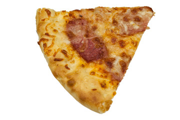 A slice of pizza on a white background