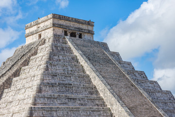 Zoom of the pyramid  of Chichen Itza Mayan ancient ruins in Yucatan, Mexico