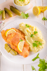 Fresh weiner schitzel original, mashed potatoes