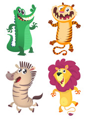 Cartoon forest animals set. Vector set of animal icons isolated on white. Vector illustration of crocodile, tiger, zebra, lion