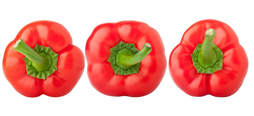 three red sweet pepper, paprika, clipping path, isolated on white background, full depth of field