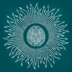 A sketch of the human brain and arrows directed from it in different directions. Drawing on blue background, sketch with chalk on a blackboard, vector illustration