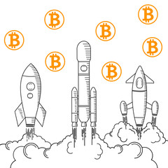 Growth of crypto currency bitcoin. Space rockets start up. Bitcoin course. Sketch of drawing, vector illustration