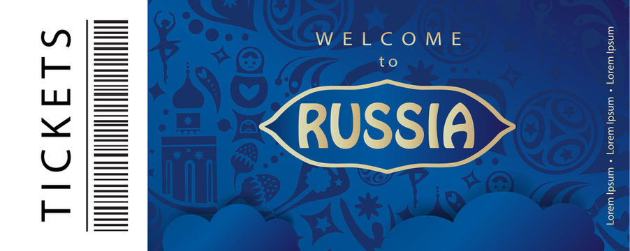 Welcome to Russia text, invitation, world cup blue ticket pattern, abstract dynamic shapes, soccer competition award elements, footbal icons, soccer ball, concept vector template