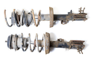 Old, dirty shock absorber, car suspension parts