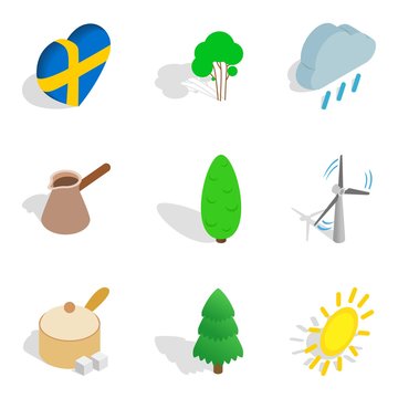 Scandinavian country icons set, isometric style